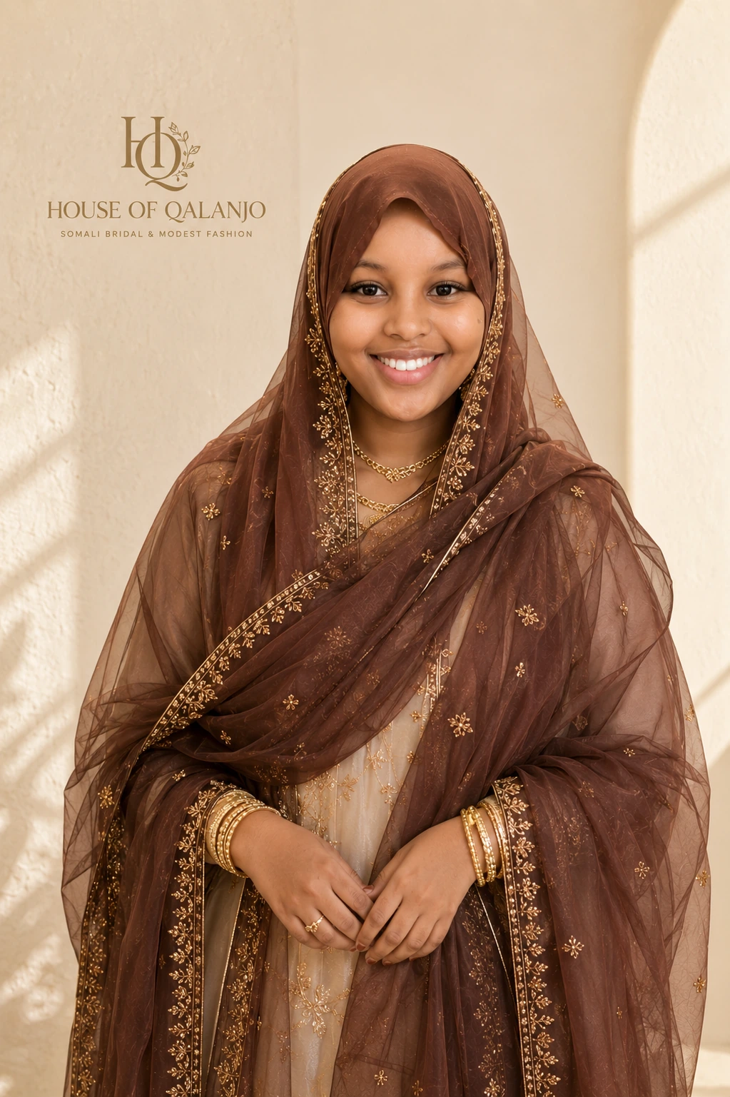 Founder of House of Qalanjo wearing an authentic Somali bridal dirac.